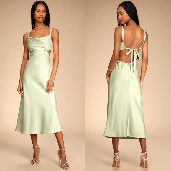 Lulus Stun to Remember Sage Green Satin Cowl Neck Cutout Midi Dress M Wedding - Picture 1 of 9